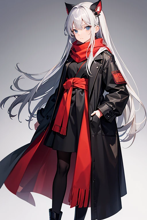 masterpiece, Highest quality, High resolution,Follow the on-screen instructions、Anime Style、Age17
height: 165cm
somatotype: Delicate and slender hair: Long silver hair。It's wavy、The ends of her hair are dyed a little purple.。
pupil: 深い青色のpupil。pupil孔は縦長で、Gives a cat-like impression。
clothing: Wearing a long black coat and long boots。A red scarf is wrapped around her neck.