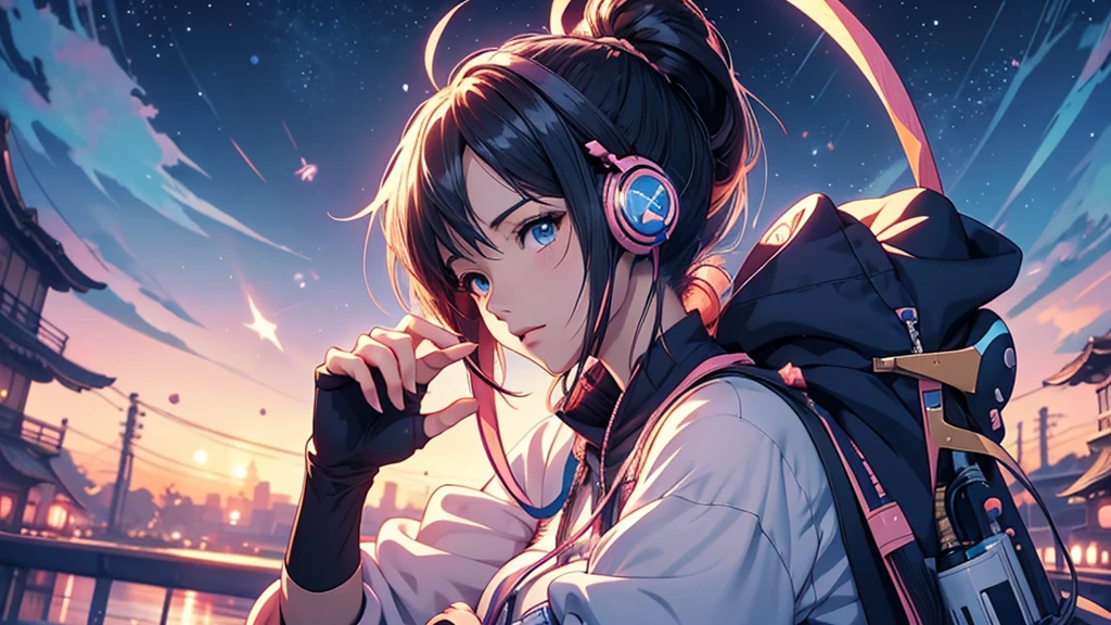 Woman wearing headphones, Anime Style 4 k, anime wallpaper 4k, anime wallpaper 4k, 4k anime wallpaper, anime art wallpaper 4k, anime art wallpaper 4k, Anime Style. 8K, Anime atmosphere, , Ultra HD Anime Wallpaper, Anime Art Wallpaper 8K, Anime Background,landscape、summer、Starry Sky