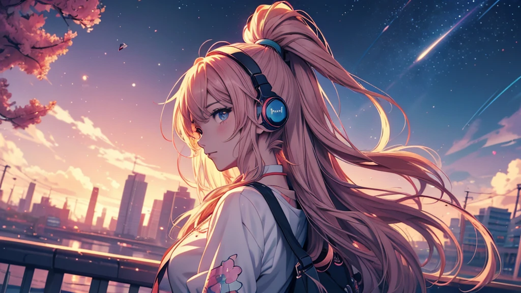 Woman wearing headphones, Anime Style 4 k, anime wallpaper 4k, anime wallpaper 4k, 4k anime wallpaper, anime art wallpaper 4k, anime art wallpaper 4k, Anime Style. 8K, Anime atmosphere, , Ultra HD Anime Wallpaper, Anime Art Wallpaper 8K, Anime Background,landscape、summer、Starry Sky