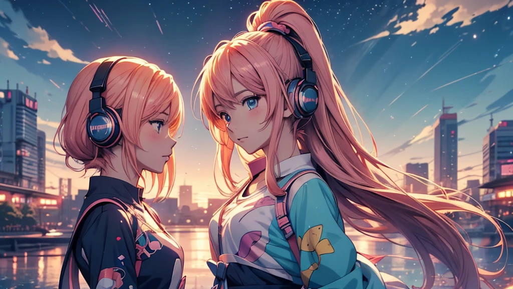 Woman wearing headphones, Anime Style 4 k, anime wallpaper 4k, anime wallpaper 4k, 4k anime wallpaper, anime art wallpaper 4k, anime art wallpaper 4k, Anime Style. 8K, Anime atmosphere, , Ultra HD Anime Wallpaper, Anime Art Wallpaper 8K, Anime Background,landscape、summer、Starry Sky
