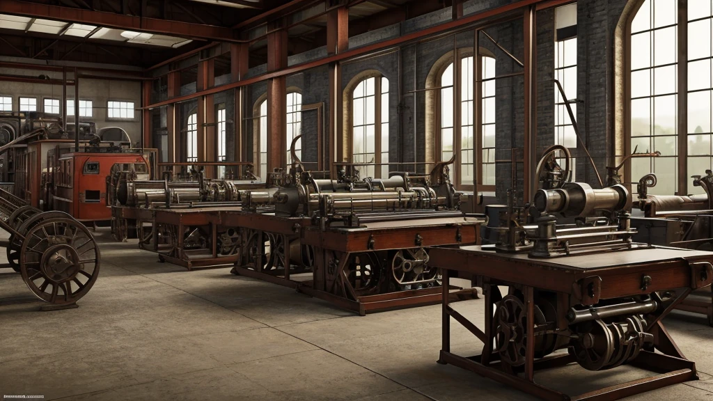 Create a photorealistic and historically accurate depiction of Factory Machinery of the Industrial Revolution: Include detailed and accurate factory machinery typical of the Industrial Revolution. This could include textile looms, spinning machines, or other industrial equipment. The machinery should look robust and well-used, with visible belts, gears, and levers.