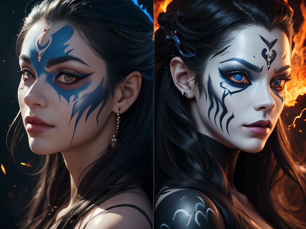 a woman with a face painted like a demon and a woman with a face painted like a demon, beautiful gemini good and evil, orange fire/blue ice duality!, ice and fire, human and dragon fusion, lava and fire goddess, human chimera, realistic digital art, highly detailed vfx portrait, amazing art, amazing digital art, hyperrealistic fantasy art