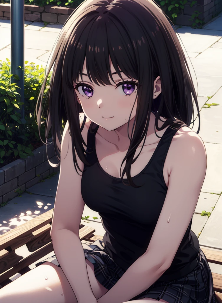 Takiuchikami, Check it out, Long Hair, bangs, Black Hair, (Purple eyes:1.2),happy smile, smile, Close your mouth,Sweat,White Tank Top,Checked skirt, Cute Sandals,Walking,Daytime,Clear skies,whole bodyがイラストに入るように,Sitting on a bench,
break outdoors, countryside,
break looking at viewer, whole body,
break (masterpiece:1.2), Highest quality, High resolution, unity 8k wallpaper, (figure:0.8), (Beautiful attention to detail:1.6), Highly detailed face, Perfect lighting, Highly detailed CG, (Perfect hands, Perfect Anatomy),
