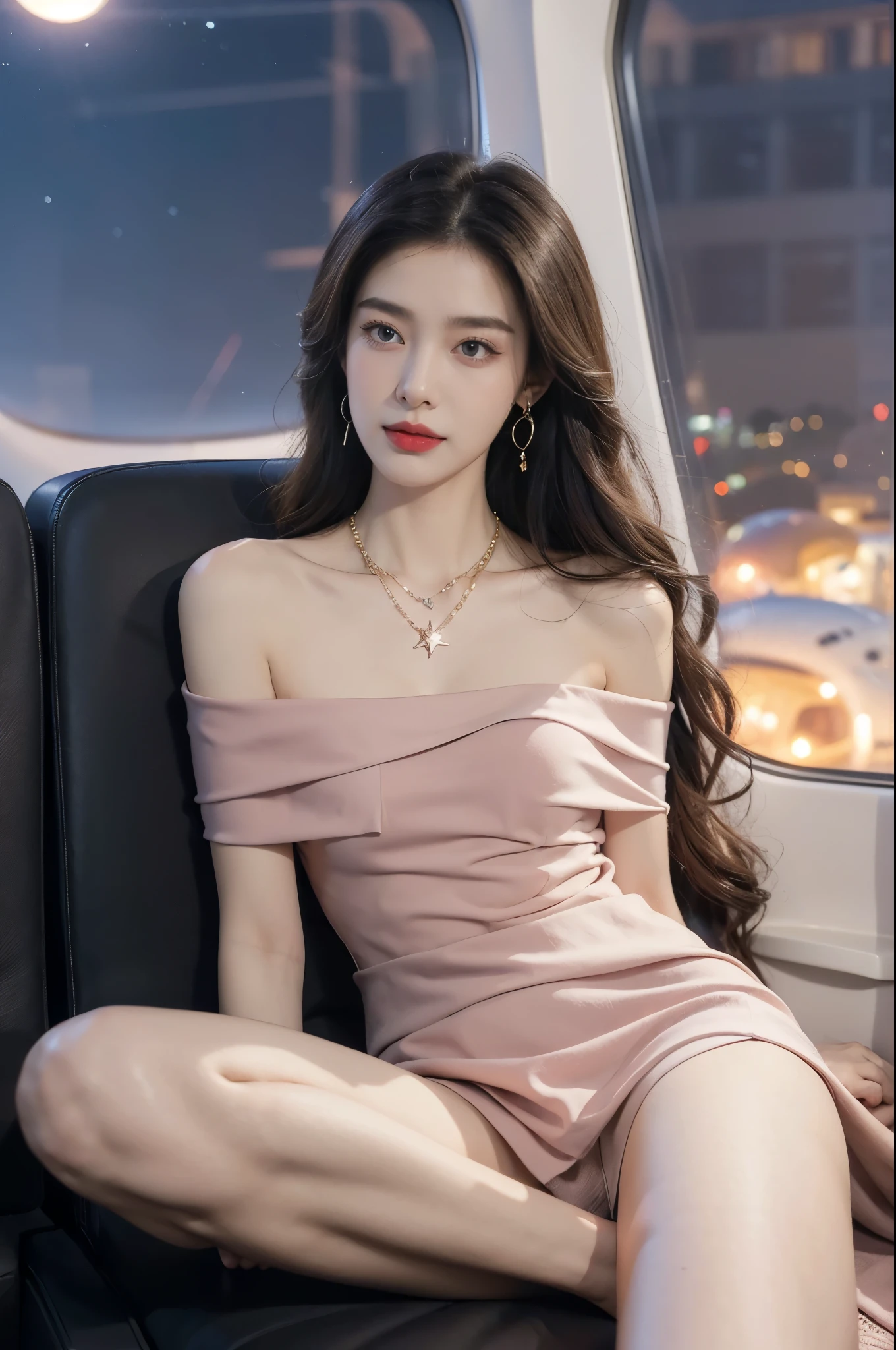 (((best quality))),(((ultra detailed))),(((masterpiece))),illustration,(a beautiful girl,female passenger,solo),(parted red lips),((slim,thin,small breasts,flat chest)),((earrings,crystal necklace)),(slender legs:1.2),summer night,((in airplane,economy class,indoor)),(blanket over shoulders:1.3),((dress)),(shoulder length straight bob hair:1.2),stars,moonlight,smooth flight,engine sound,lullaby,relaxed,excited,laughing,visiting family,comfortable seats,soft fabric,headrests,adjustable,beauty of night sky,dimmed lights,sleeping passengers,movies,personal screens,staying awake,magic of sky,joy of being with family,memorable journey,adventures,(surrounded by crowded crowds:1.3),(Outside the window is high-altitude night view:1.2),((sitting,from front,full body)),(arms behind back:1.3),(spread legs apart:1.3)