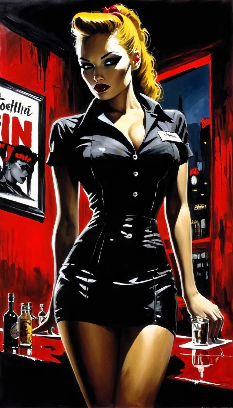 the sexy pub waitress (art inspired by Frank Miller's Sin City). oil painting)