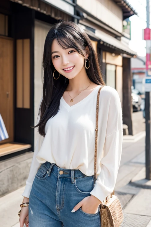 A beautiful Japanese woman in her early 30s with long, straight, black hair and sparkling, almond-shaped eyes. She has a cheerful smile and a youthful, vibrant appearance. She is dressed in a casual yet fashionable outfit and is posed in a bright, cheerful setting, possibly with a hint of nature in the background. The lighting is bright, emphasizing her fresh and lively personality.