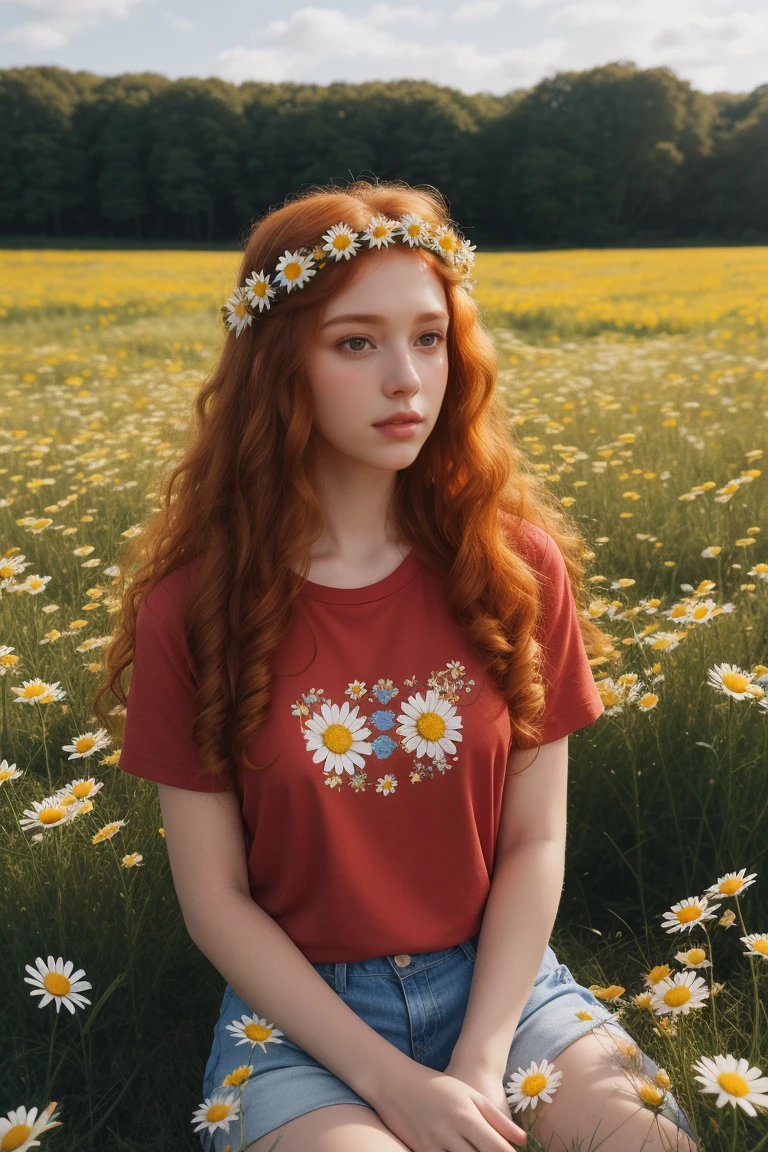 (girl:1.2),alone, (long curly ginger hair:1.1), Brown eyes, Wear a crown of daisies on your head., Sit in a field of daisies, (Fruit basquet:1.1), blue shorts, Red shirt,,RAW,photographic,photographic shadows,actual,ridiculous,aesthetic,elegant
