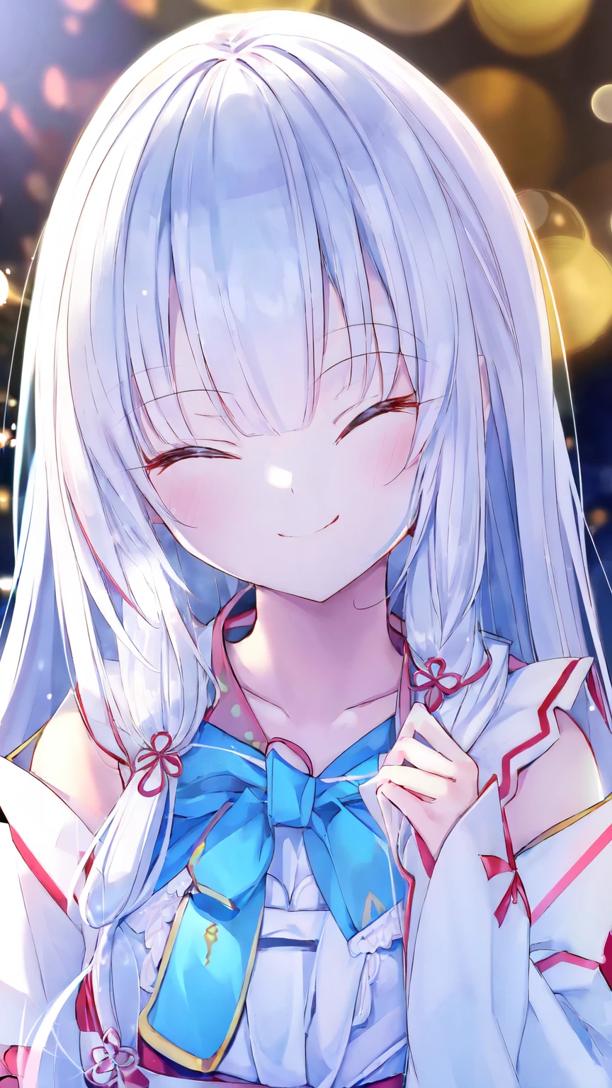 1 Girl、、Sharp focus、(Bokeh) (Highest quality) (Detailed skin:1.3) (Intricate details) (anime)、16-year-old girl、smile、Laughing with your mouth open、From the side、Upper body close-up、White Hair、Long Hair、Eyes closed、Eyes closed、One is growing、Nakiri Ayame