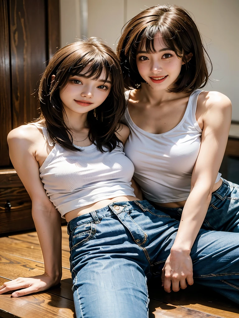 Highest quality, masterpiece, Ultra-high resolution, (Realistic:1.4), 20-year-old,((2 girls)),((They are cheek to cheek.)),super high quality,8K,thinウエスト,thin脚,thin and beautiful arms,Beautiful fingers,((Super Realistic image quality)),sale eye makeup,thin,Medium Chest,Soft Breasts,(((生地thin短いタイトなＴShirt and jeans only))),The shirt is short、 ,,Beautiful breasts,((Straight hair to shoulders)),((Bangs short)),Realistic,Image Media Chest)),((Smiling with teeth showing)),((Big smile))