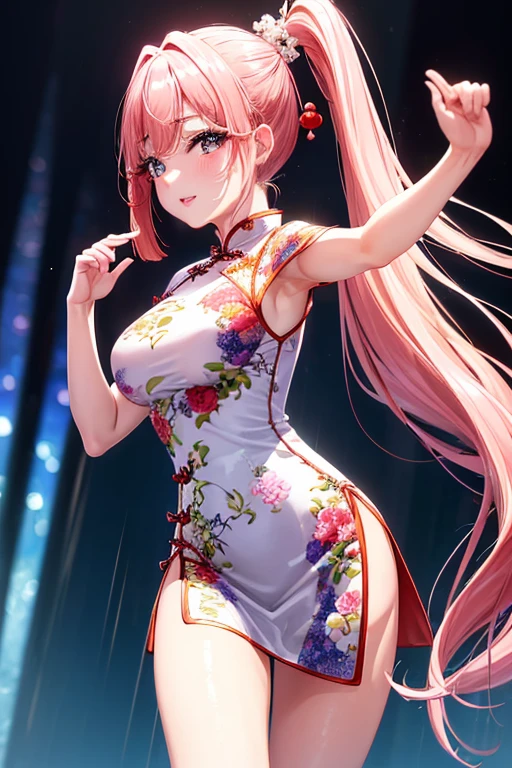 Realistic photo of cute woman, uneven twin tails, light makeup, big breast size, smile a little, wear a cheongsam, full body shot, Clear facial features with sharp, realistic details, Sony FE, 35mm, cinematic lighting, advanced details, UHD, high quality, HD, 8K, 16k