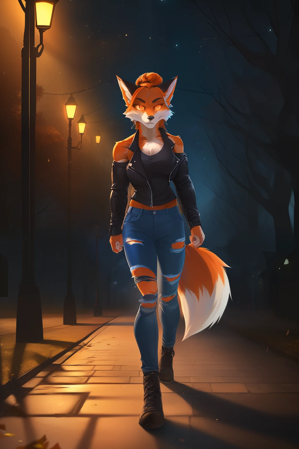 Solo, female, werefox, torn clothes, walking, night, park, ((rough fur texture)), ((glowing orange eyes reflecting in the moonlight)), ((lean muscular figure with visible scars on shoulders)), ((wild hair tied back in a messy bun)), ((short jeans torn at the knees and a tattered leather jacket)), ((forced perspective to exaggerate the size of the park)), ((streetlights casting long shadows on the ground)), ((the werefox's eyes scanning the surroundings warily)), ((cold wind rustling the leaves and leaves crunching underfoot)), ((detailed texturing and lighting to emphasize the eerie atmosphere)), ((low-res due to the darkness and