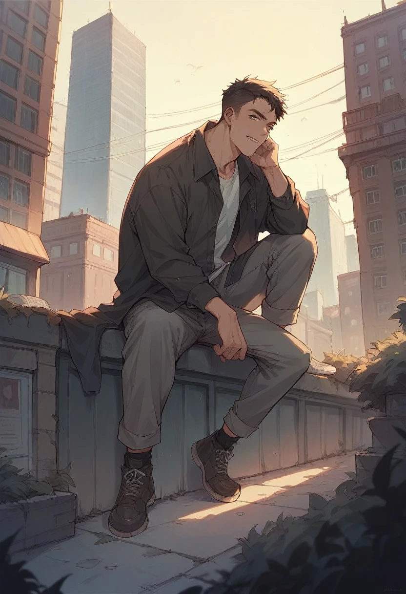 A man in the middle of the city, on top of a building.
