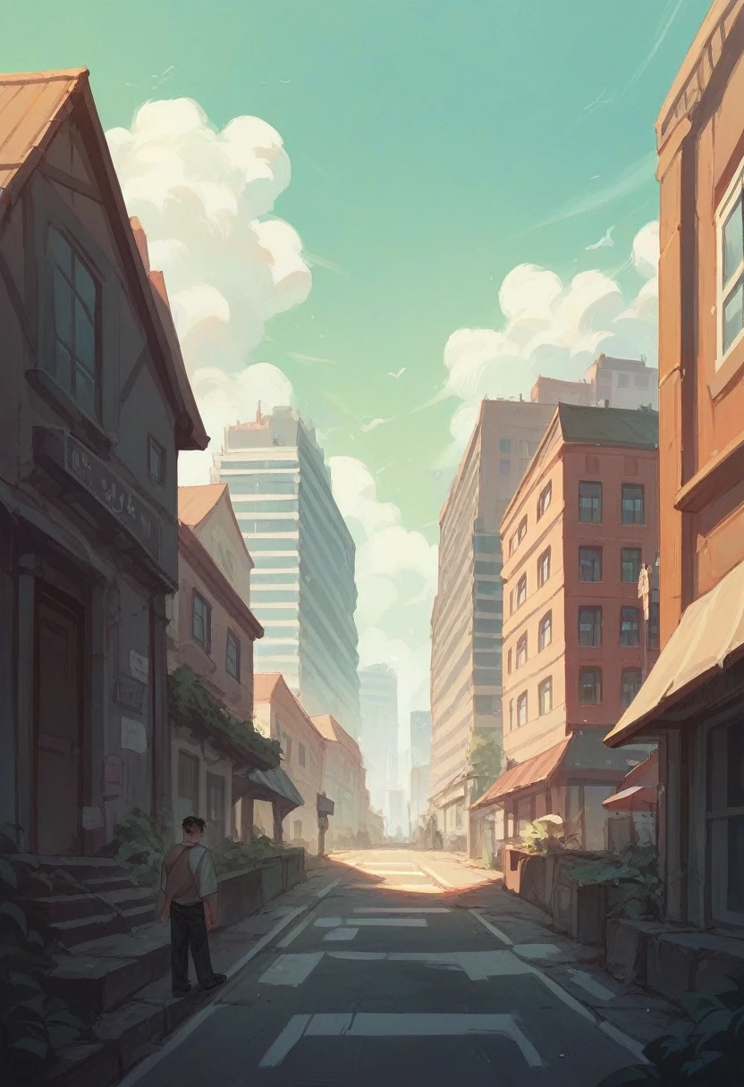 A man in the middle of the city, on top of a building.