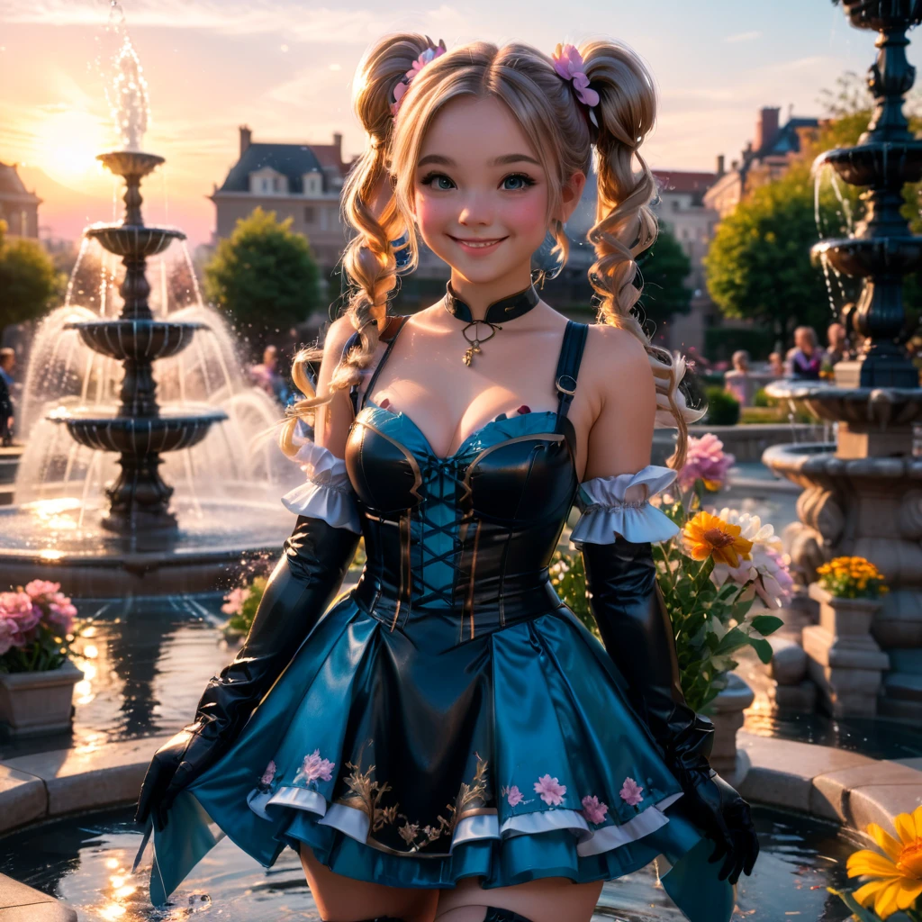 a lady,double pigtails,smile,dress,gloves,perfect ,standing,innocent,flower,waterfall,sunset,cinematic lighting,(masterpiece,8k,Professional,perfect composition,very aesthetic,absurdres,ultra-detailed,intricate details:1.4),perfect proportion