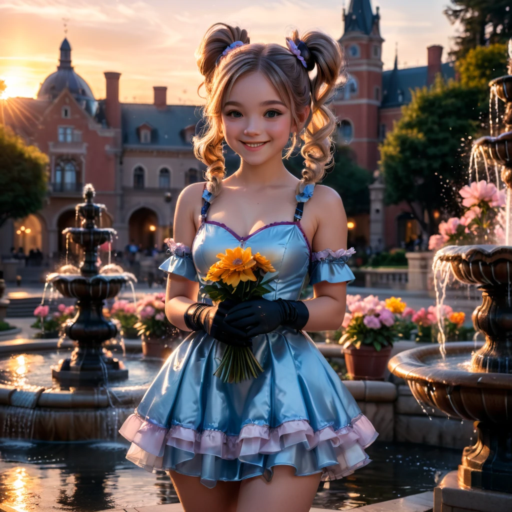 a lady,double pigtails,smile,dress,gloves,perfect ,standing,innocent,flower,waterfall,sunset,cinematic lighting,(masterpiece,8k,Professional,perfect composition,very aesthetic,absurdres,ultra-detailed,intricate details:1.4),perfect proportion