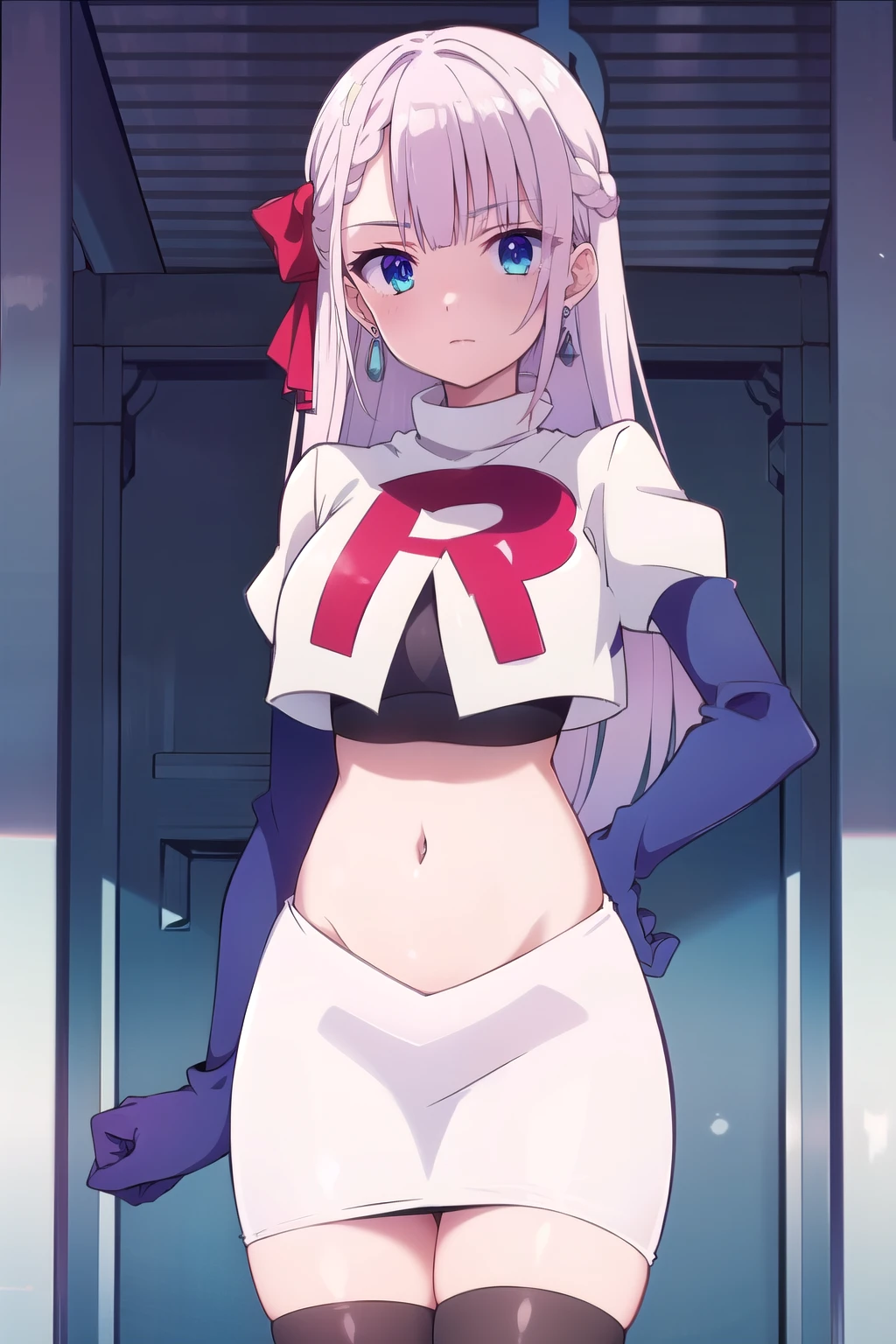 riselia,1girl,solo,braid,earrings,looking at viewer,blue eyes,bangs,ribbon,red ribbon,braided bangs,blush,team rocket,team rocket uniform,white skirt,red letter R,crop top,black thigh-highs,black elbow gloves