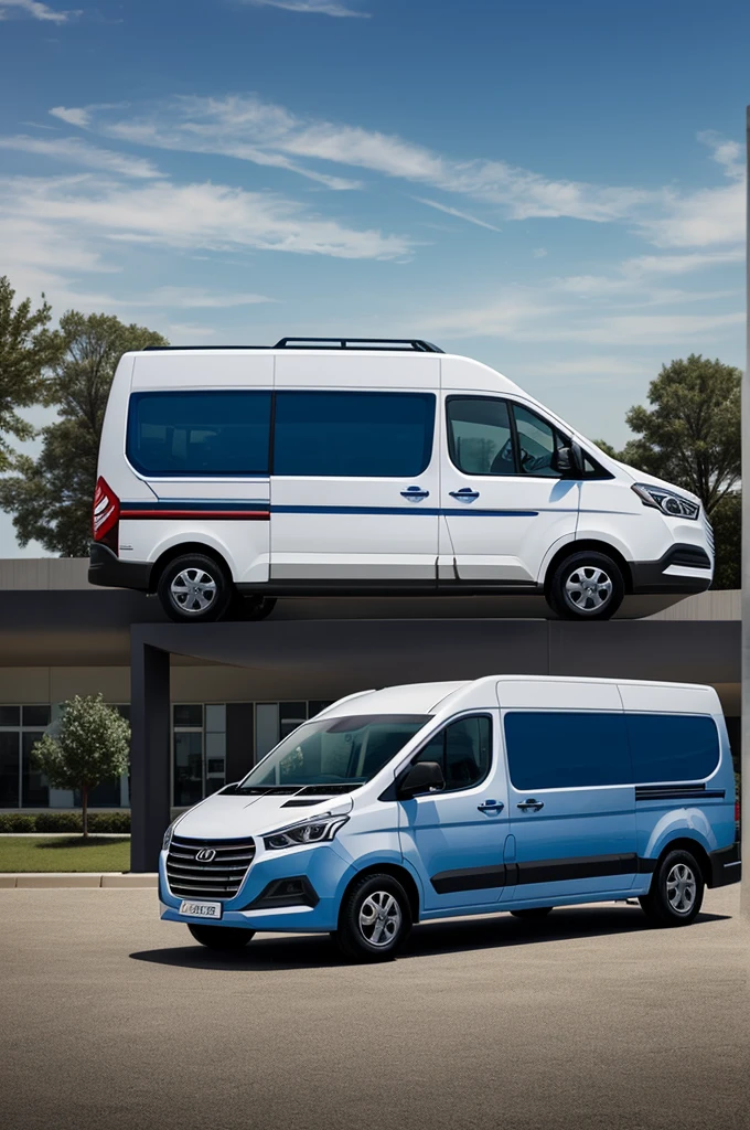 Create a logo for my company about school transportation that has as an image a Hyundai Grand Starex 2014 and as the name Evelyn