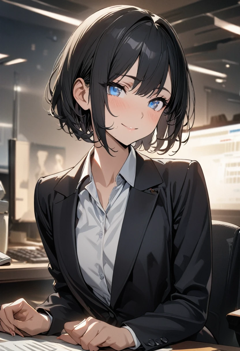 1girl, solo, gentle smile on her face flat chest, short hair, blue eyes, (detailed eyes), black hair, upper body, ((masterpiece, illustration, best quality)) ((best quality)), ((masterpiece)), (detailed), perfect face, Office lady, black hair, short hair, office suit, ultra high resolution, ultra high details