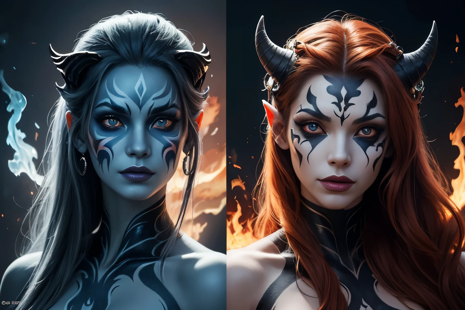 a woman with a face painted like a demon and a woman with a face painted like a demon, beautiful gemini good and evil, orange fire/blue ice duality!, ice and fire, human and dragon fusion, lava and fire goddess, human chimera, realistic digital art, highly detailed vfx portrait, amazing art, amazing digital art, hyperrealistic fantasy art