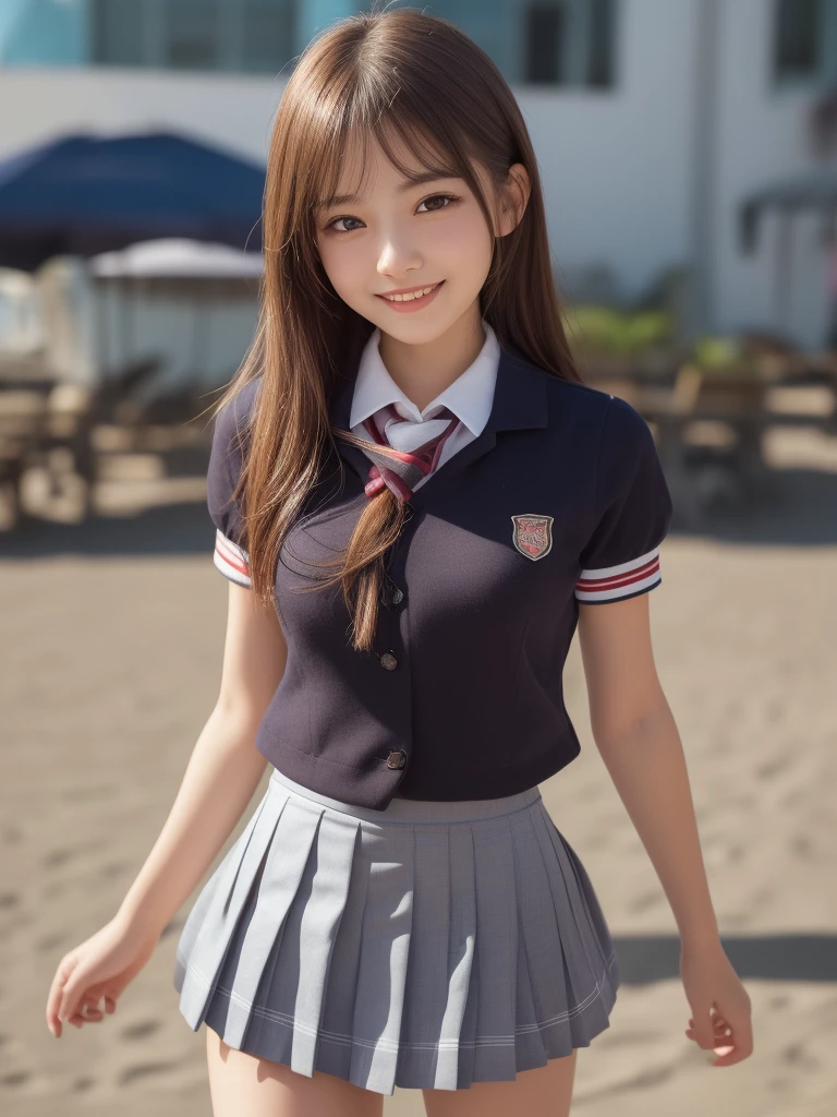 1girl in, Extremely cute face, Amazing face and eyes, (Highly detailed eyes, Highly detailed face), (Hyper-realistic, hight resolution), (Best Quality:1.4), Raw photo, (Realistic, Photorealsitic:1.37), Professional Photography, Cinematic Light, (lace bra:1.25), (Amazing breasts:0.8), (School uniform, Pleated mini-skirt:1.5), (Uniform with open chest), Smile slightly, Sitting, spread your legs wide, Staring at me, plein air, city, Christmas tree, Christmas Lights, Christmas Ornaments,