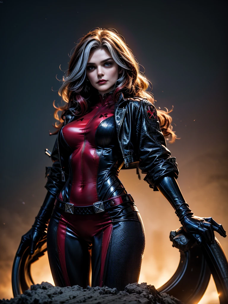 Sandra Bullock、masterpiece、High quality 4K、villain (X-Men)、Gothic Girl、Sculpted Body Gothic Makeup、Black jacket、Red and blue bodysuit、masterpiece、highest quality、Cowboy Shots、one personの女の子、one person、Technology Military Bodysuit、fringe