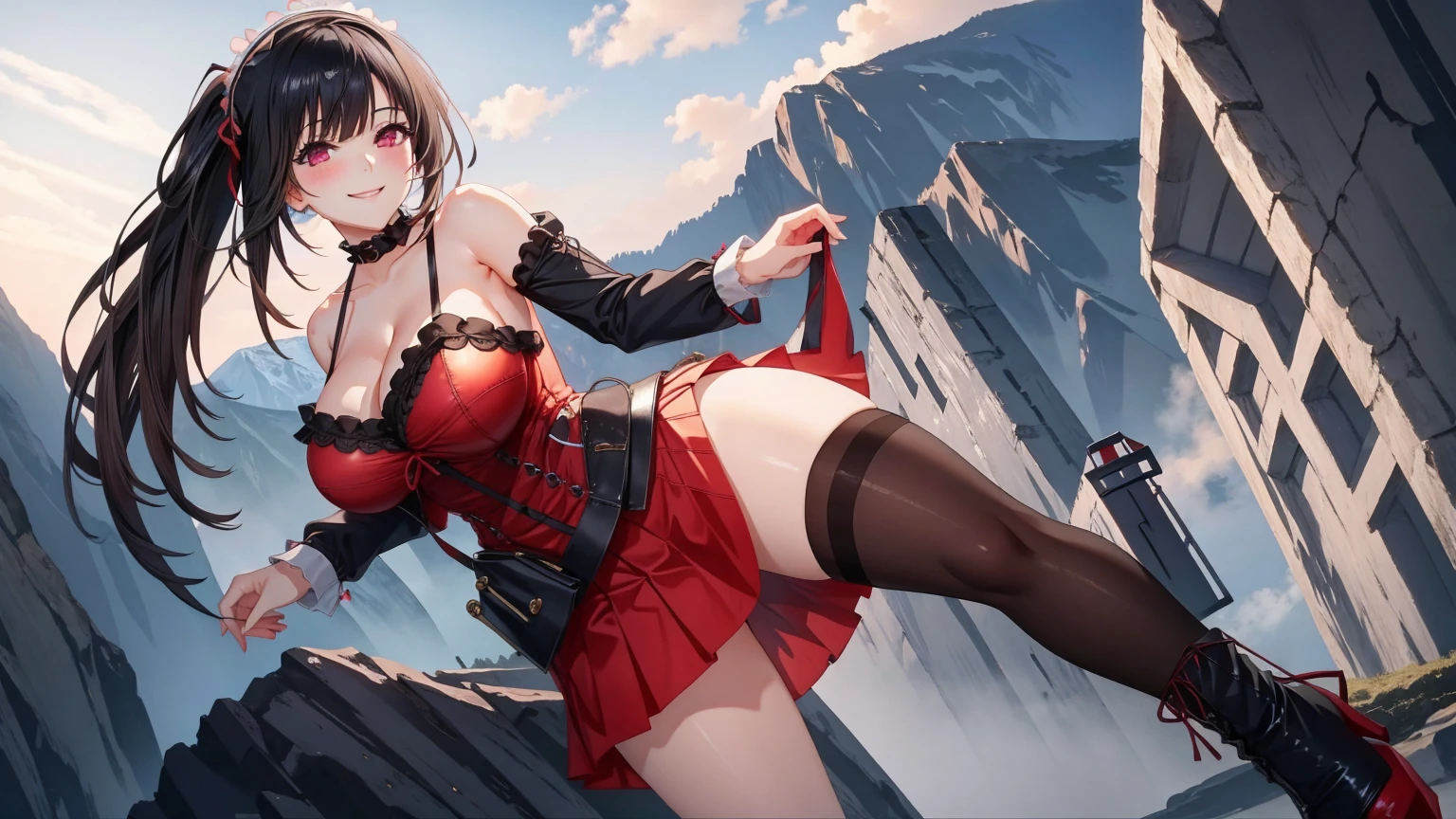 1 girl, very big breasts, very sexy body, 1 girl in, a smile, looks at the viewer, black shirt, super short white school miniskirt, full body, giant breasts, cleavage, giant breasts, heels, background in the mountains 1 girl , with big breasts. long legs QUEEN huge tits, (cleavage), high legs, (standing), sexy and muscular body. short skirt.4k hd