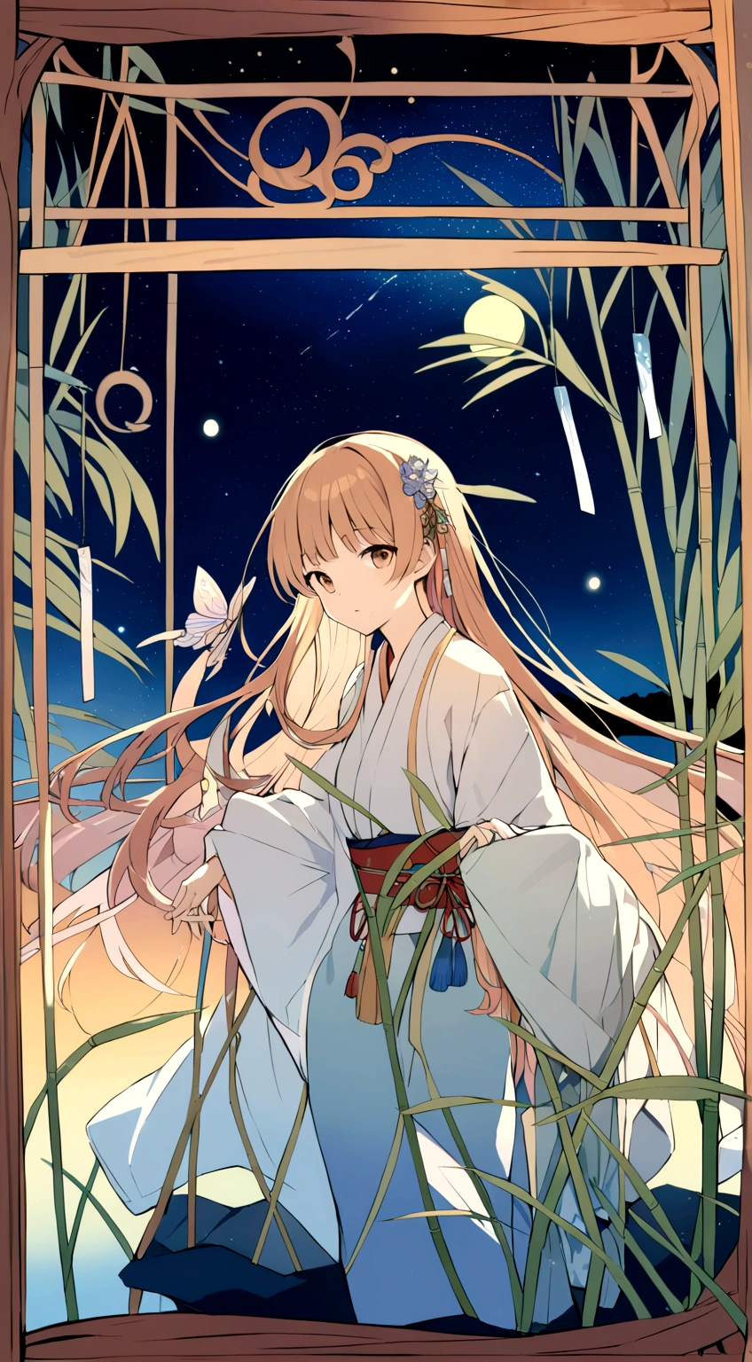 a detailed detailed intricately decorated wooden frame, a wooden frame with wind chimes hanging, background of starry night sky and river, ((Mucha style)), Tanabata, Orihime and Hikoboshi, kimono-style clothing, bamboo grass, night