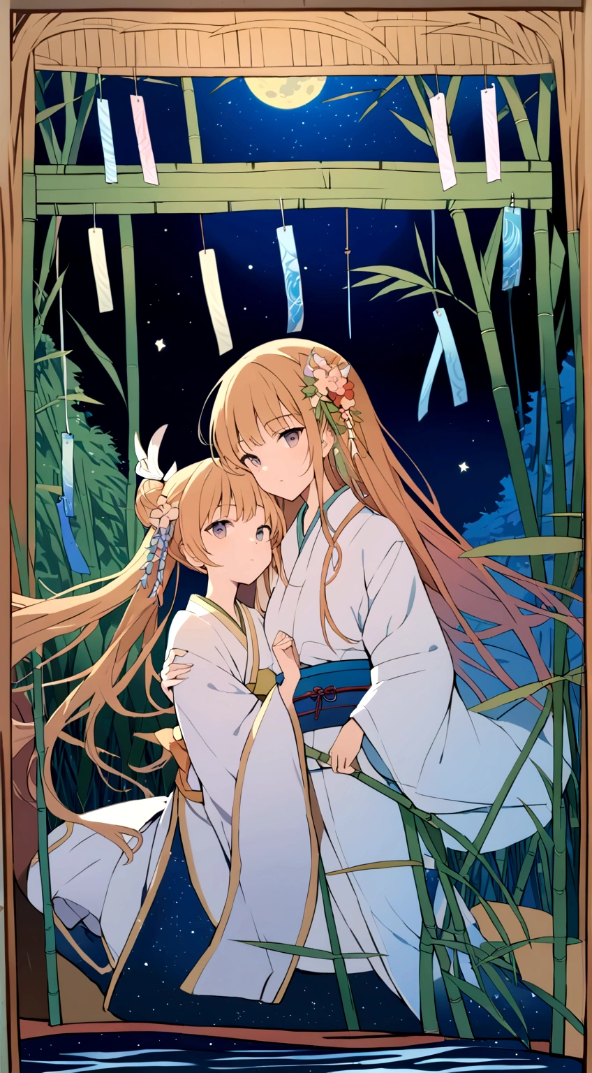 a detailed detailed intricately decorated wooden frame, a wooden frame with wind chimes hanging, background of starry night sky and river, ((Mucha style)), Tanabata, Orihime and Hikoboshi, kimono-style clothing, bamboo grass, night
