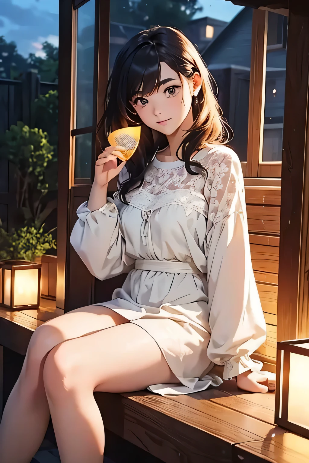 Highest quality、High resolution、Detailed Background、(Beautiful face in every detail:1.1)、Anatomically correct、age beauty、Highly detailed face、Cute hair colour、Cute hairstyle、well-groomed eyebrows、Perfect body line、
A house at dusk、Sit on the porch、The breeze outside is pleasant、Feeling cool with a fan、The sound of a fan spinning、I can hear it through the screen door、Summer twilight time、Relax and unwind、sit on the veranda、Take a slow, deep breath、The light of the day is fading、A comfortable time、The breeze outside is pleasant、A breather、A relaxing evening、Enjoy a summer moment