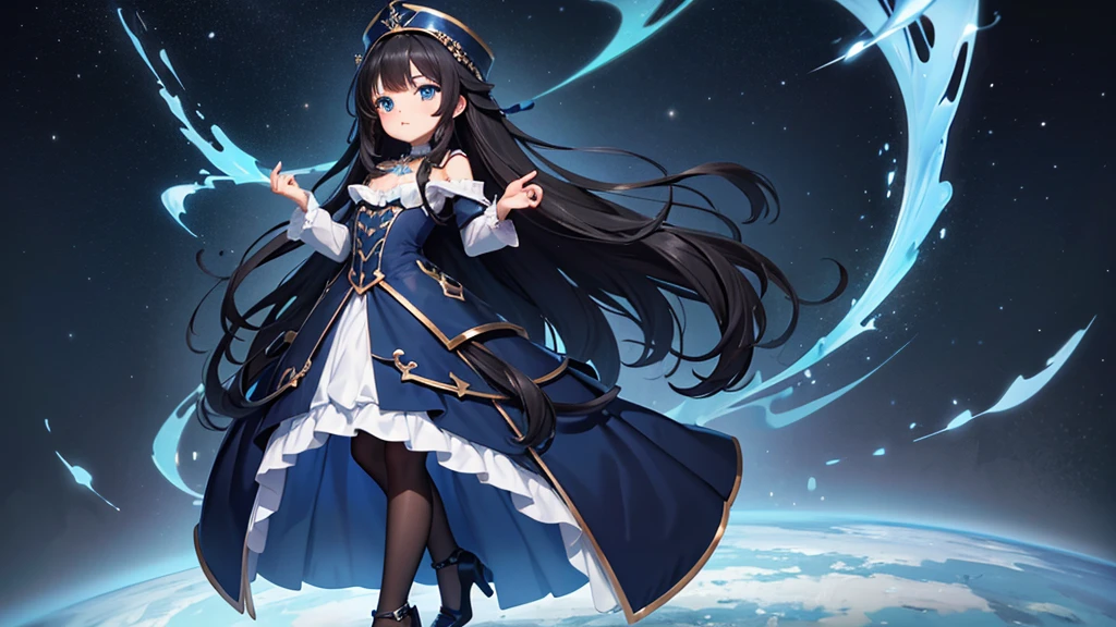 4k ultra high quality, human woman, sharp blue eyes, round face, small slightly upturned nose, curious expression, very long curly blue-black hair, wearing modest blue dress, black high heel shoes, standing