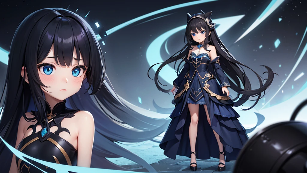 4k ultra high quality, human woman, sharp blue eyes, round face, small slightly upturned nose, curious expression, very long curly blue-black hair, wearing modest blue dress, black high heel shoes, standing