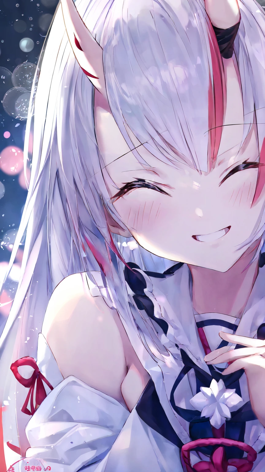 1 Girl、、Sharp focus、(Bokeh) (Highest quality) (Detailed skin:1.3) (Intricate details) (anime)、16-year-old girl、smile、Laughing with your mouth open、From the side、Upper body close-up、White Hair、Long Hair、Eyes closed、Eyes closed、Two horns、Nakiri Ayame