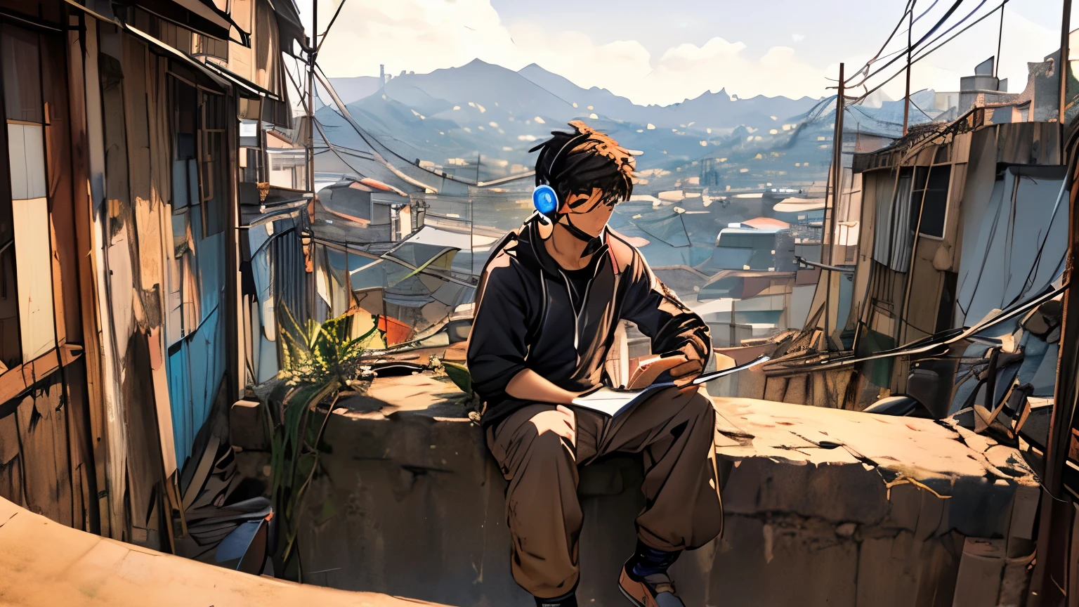 boy sitting on his back studying with headphones, in front of you a large window that shows some favelas
