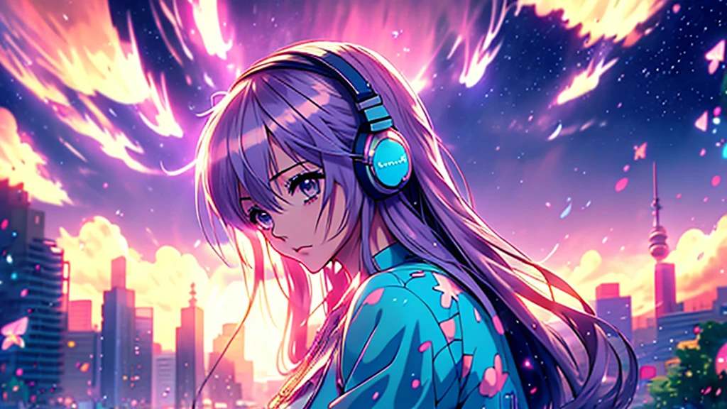 Woman wearing headphones, Anime Style 4 k, anime wallpaper 4k, anime wallpaper 4k, 4k anime wallpaper, anime art wallpaper 4k, anime art wallpaper 4k, Anime Style. 8K, Anime atmosphere, , Ultra HD Anime Wallpaper, Anime Art Wallpaper 8K, Anime Background,landscape、summer、Starry Sky