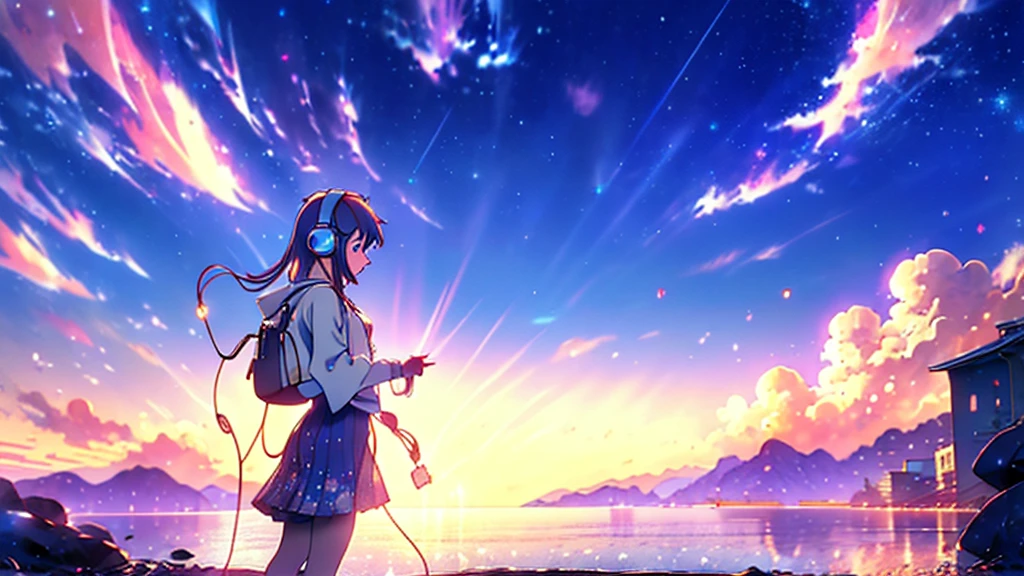 Woman wearing headphones, Anime Style 4 k, anime wallpaper 4k, anime wallpaper 4k, 4k anime wallpaper, anime art wallpaper 4k, anime art wallpaper 4k, Anime Style. 8K, Anime atmosphere, , Ultra HD Anime Wallpaper, Anime Art Wallpaper 8K, Anime Background,landscape、summer、Starry Sky