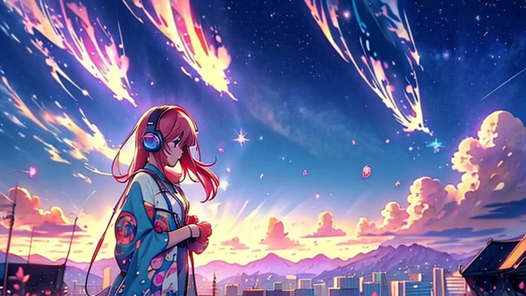 Woman wearing headphones, Anime Style 4 k, anime wallpaper 4k, anime wallpaper 4k, 4k anime wallpaper, anime art wallpaper 4k, anime art wallpaper 4k, Anime Style. 8K, Anime atmosphere, , Ultra HD Anime Wallpaper, Anime Art Wallpaper 8K, Anime Background,landscape、summer、Starry Sky