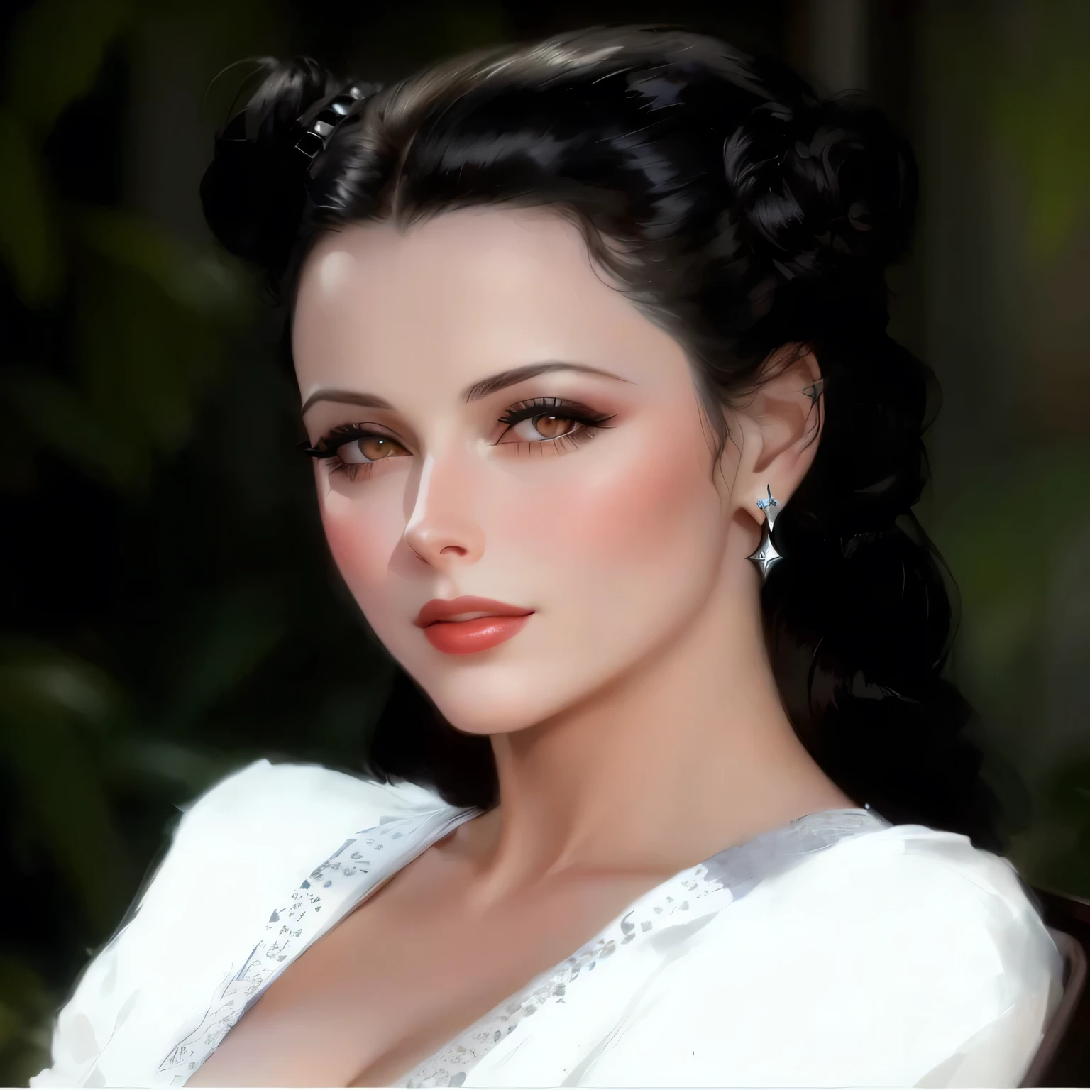 Make an image of a woman's face, based on the face of young Hedy Lamarr, with black curly hair in a bun. Image without background
