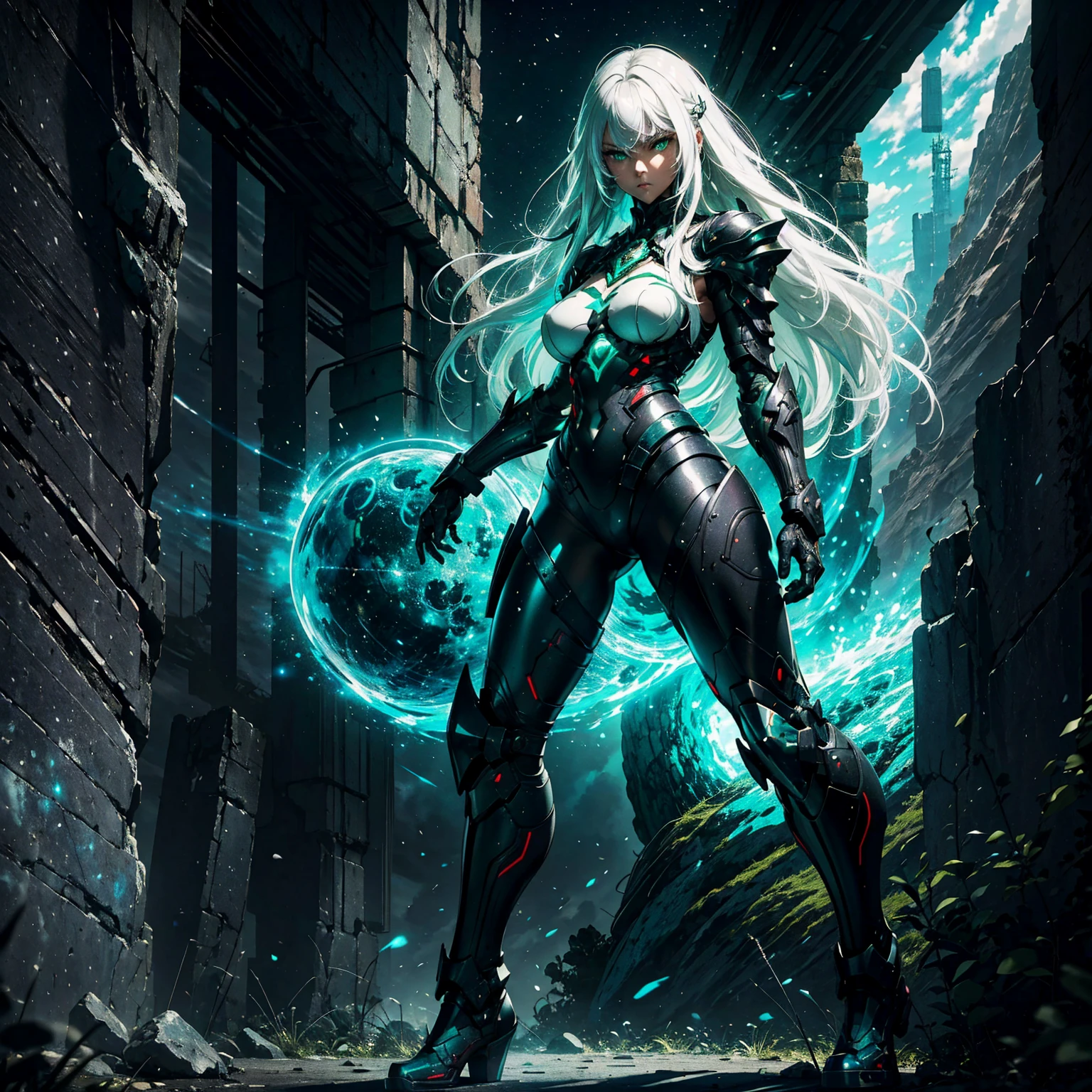 1girl!!! (solo), long hair, no bangs, light white hair, big breasts, small size, green eyes, very fair skin, serious face, black tight kimono armor, deep neckline, full body, night, dark cave, very sexy body, detailed face, highly detailed, 8k, best quality, masterpiece, vibrant colors, digital art, concept art