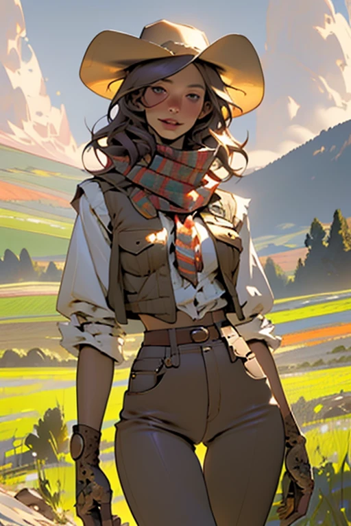 (highest quality, Super detailed, realistic:1.37), outdoor, slim girl, beautiful face, detailed and beautiful eyes, beautiful detailed lips, cowboy hat, vest, slim waist, slender thighs, thigh gap, show belly, pants, scarf, With confidence, medium chest, dusty farm landscape, golden hour lighting