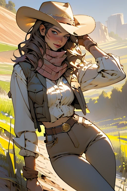 (highest quality, Super detailed, realistic:1.37), outdoor, slim girl, beautiful face, detailed and beautiful eyes, beautiful detailed lips, cowboy hat, vest, slim waist, slender thighs, thigh gap, show belly, pants, scarf, With confidence, medium chest, dusty farm landscape, golden hour lighting