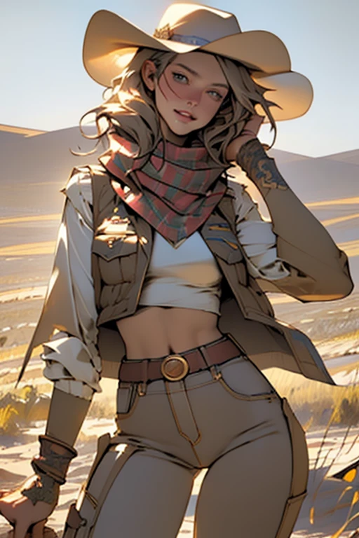 (highest quality, Super detailed, realistic:1.37), outdoor, slim girl, beautiful face, detailed and beautiful eyes, beautiful detailed lips, cowboy hat, vest, slim waist, slender thighs, thigh gap, show belly, pants, scarf, With confidence, medium chest, dusty farm landscape, golden hour lighting