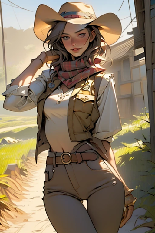 (highest quality, Super detailed, realistic:1.37), outdoor, slim girl, beautiful face, detailed and beautiful eyes, beautiful detailed lips, cowboy hat, vest, slim waist, slender thighs, thigh gap, show belly, pants, scarf, With confidence, medium chest, dusty farm landscape, golden hour lighting