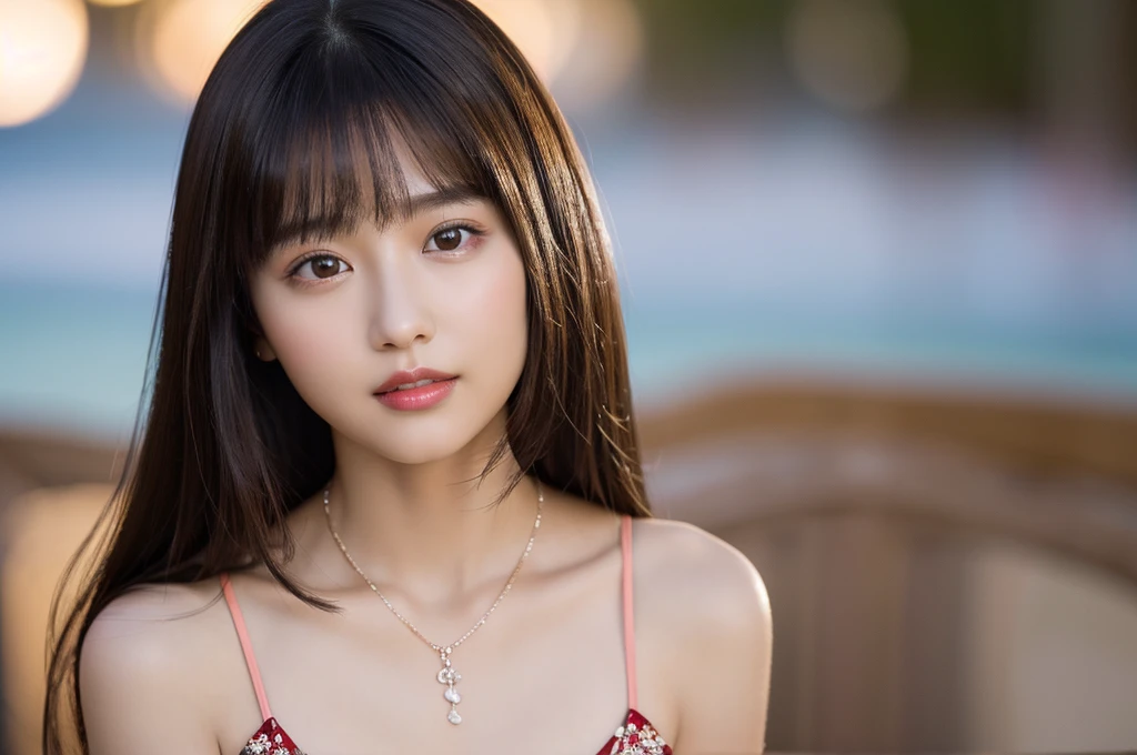 (Highest quality、On the table、8K、Best image quality、Award-winning works)、(Young girl, 14 years old:1.3)、(White camisole:1.2)、(Red eyeshadow:1.2)、Perfect Makeup、Long eyelashes、Ultra HD Shining Eyes、Ultra HD Hair、Ultra-high resolution glossy lips、Ultra High Resolution Perfect Teeth、Ultra HD cute face、Brown Hair、(Very short straight hair:1.1)、Look at me and smile、[clavicle]、Accurate anatomy、Tropical Beach、(The most atmospheric warm light:1.2)、Blurred Background、Has bangs、Ultra-high-definition, shiny, moisturized face、Ultra-high resolution glowing skin、The most delicate face、Super high resolution detailed faces、ultra high resolution hair、Ultra high resolution glowing eyes、Beautiful face with delicate expression、Ultra high resolution glossy red lips、Big Breasts、Cleavage、Fashion Necklace、
