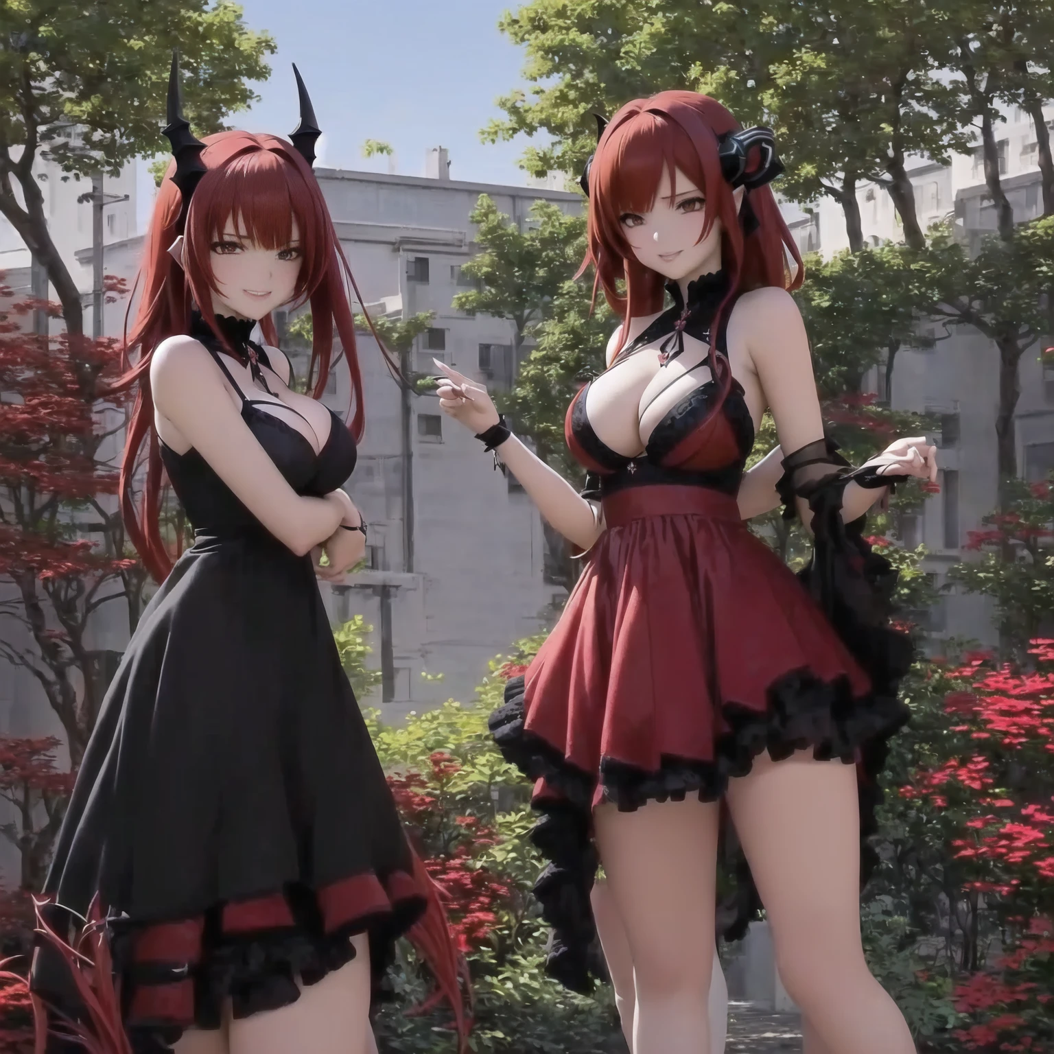 anime girl with red hair and horns in front of a tree, garota anime demon, beautiful together, together, together in tight short dress, Rias Gremory, Lilith, together | Mediovale, garota demon, anime monster girl, mika kurai demon, Dragon girl, demon, together in sundress portrait, seductive anime girl, Coloque cabelo comprido nas duas