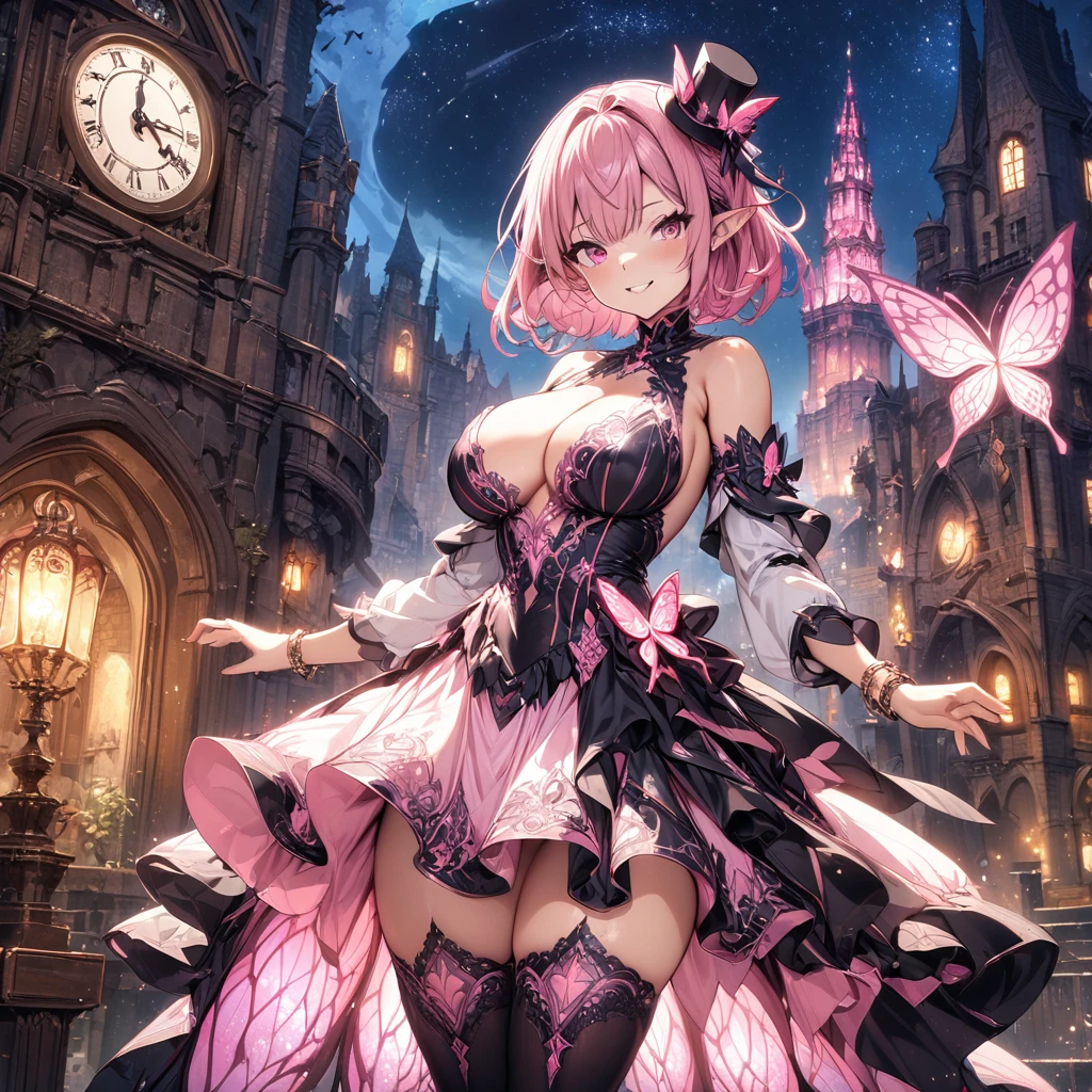 (masterpiece), best quality, expressive eyes, perfect face,(((1girl))),pointy ears,pink hair,short hair,pixie cut,pink eyes,(mini hat:1.2),(pink and black intricate dress:1.5),(black and pink intricate stockings),detached sleeves,bracelets,big breasts,cleavage,curvy,standing,head tilt,(evil grin),fantasy scenery,castle,clock tower,(night:1.1),(starry sky:1.1),(pink butterfly wings),garterbelt,(particles:0.9),(sparkles:0.9),(glitter:0.9),full body