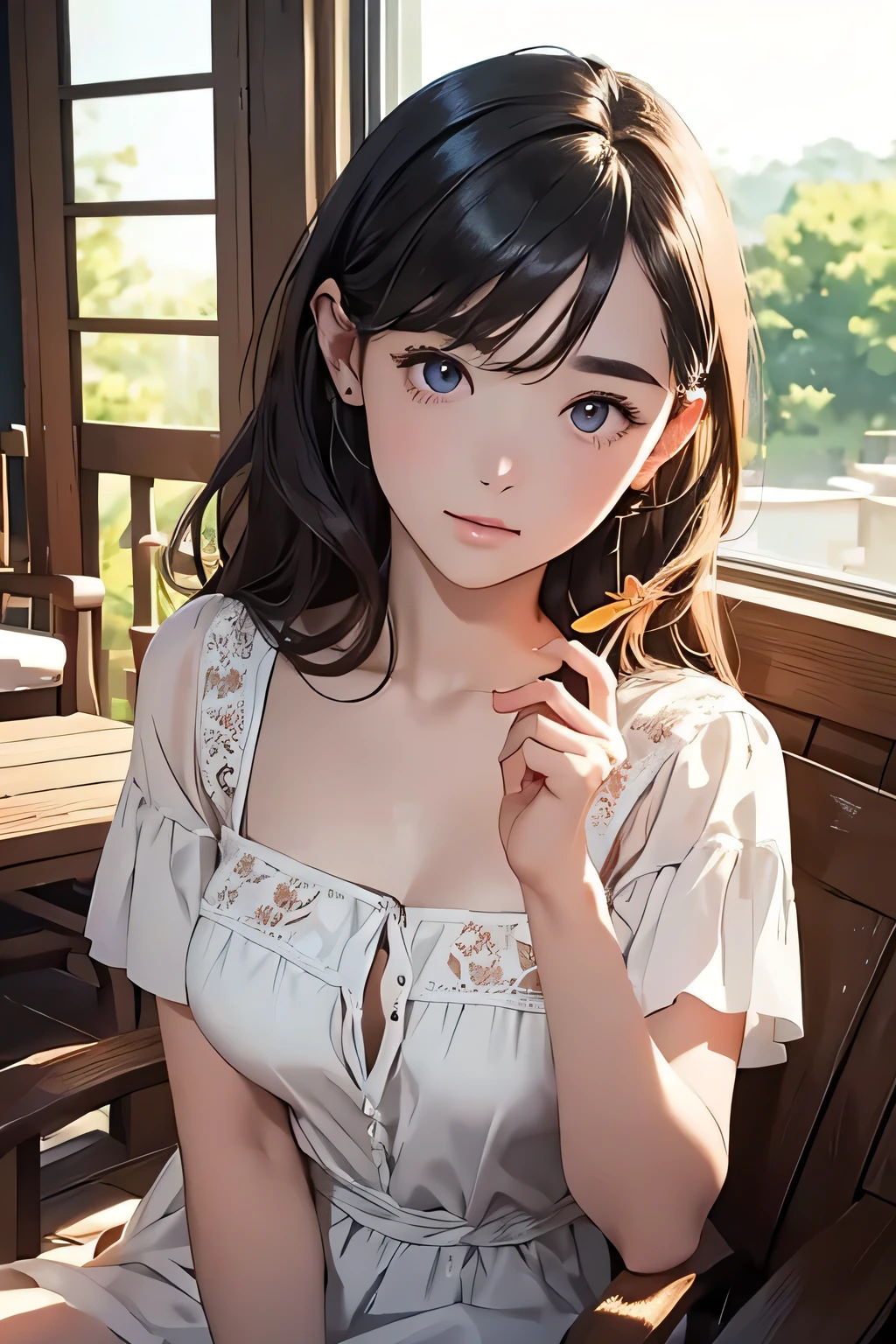 Highest quality、High resolution、Detailed Background、(Beautiful face in every detail:1.4)、Anatomically correct、Detailed facial expressions、(Detailed eyes:1.2)、age beauty、(Highly detailed face:1.4)、Cute hair colour、Cute hairstyle、well-groomed eyebrows、Perfect body line、
A house at dusk、Sit on the porch、The breeze outside is pleasant、Feeling cool with a fan、The sound of a fan spinning、I can hear it through the screen door、Summer twilight time、Relax and unwind、sit on the veranda、Take a slow, deep breath、The light of the day is fading、A comfortable time、The breeze outside is pleasant、A breather、A relaxing evening、Enjoy a summer moment
