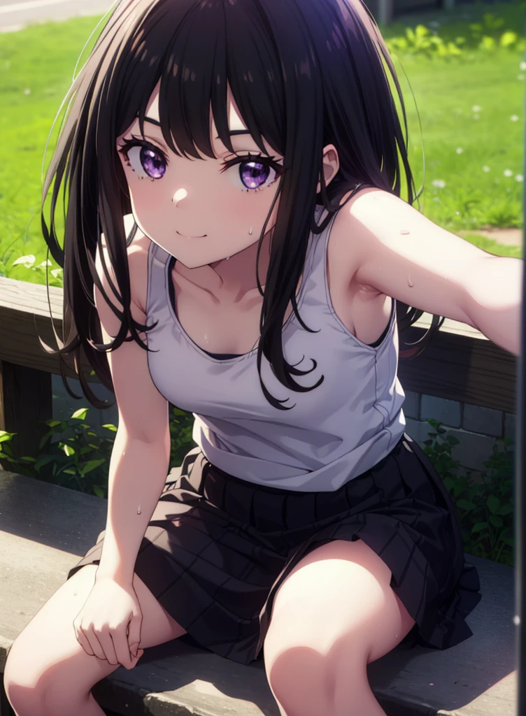 Takiuchikami, Check it out, Long Hair, bangs, Black Hair, (Purple eyes:1.2),happy smile, smile, Close your mouth,Sweat,White Tank Top,Checked skirt, Cute Sandals,Walking,Daytime,Clear skies,whole bodyがイラストに入るように,Sitting on a bench,
break outdoors, countryside,
break looking at viewer, whole body,
break (masterpiece:1.2), Highest quality, High resolution, unity 8k wallpaper, (figure:0.8), (Beautiful attention to detail:1.6), Highly detailed face, Perfect lighting, Highly detailed CG, (Perfect hands, Perfect Anatomy),