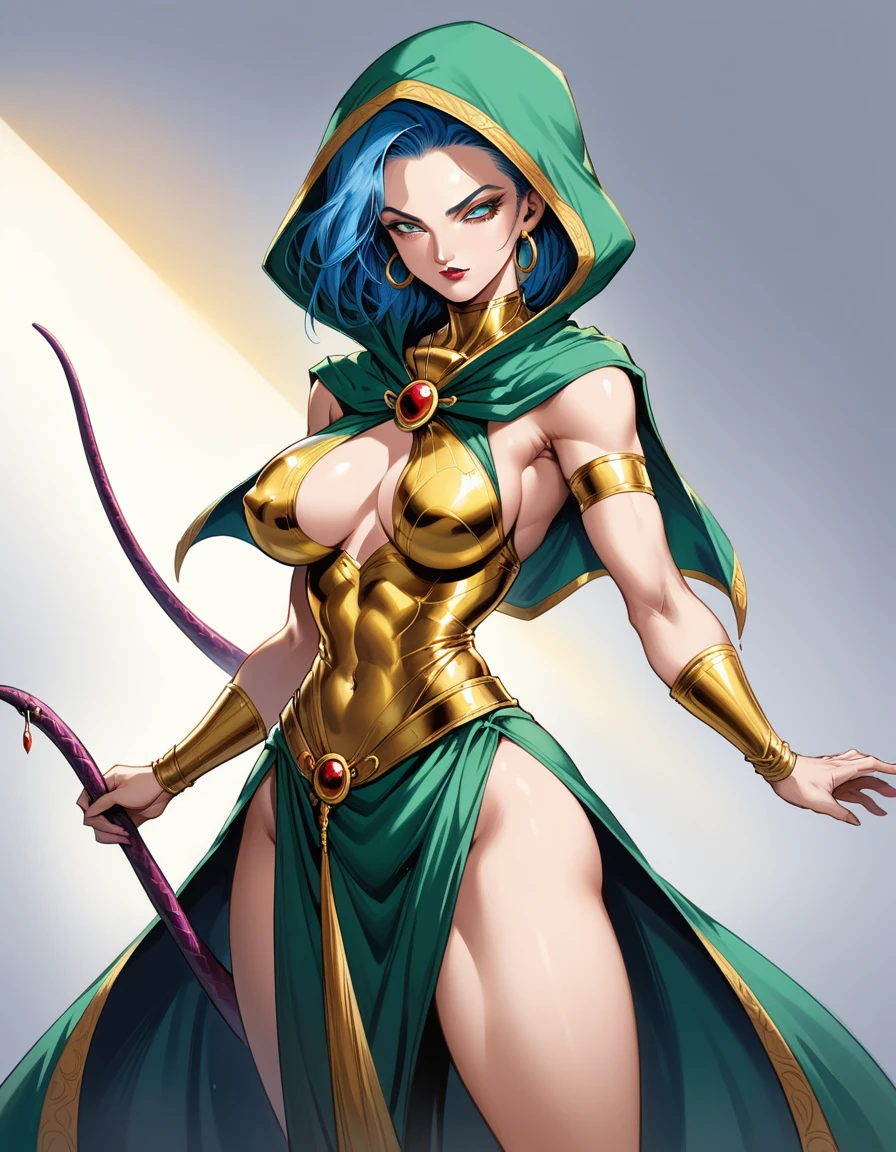 Photorealistic digital painting, modern girl android 18 DBZ eye blue + Jinx lol Devil fênix negra with the image of a marron serpente in a pleasing mix, taking inspiration from detailed forms of, dressed in an illustrious gold Green black dark jaketa Hood red enhanced by the artistic styling of artists like Jose Royo, Boris Vallejo, Julie Bell, Carne Griffiths, Benedick Bana, Brian Froud, Eric Wallis, combines the mystique of fantasy