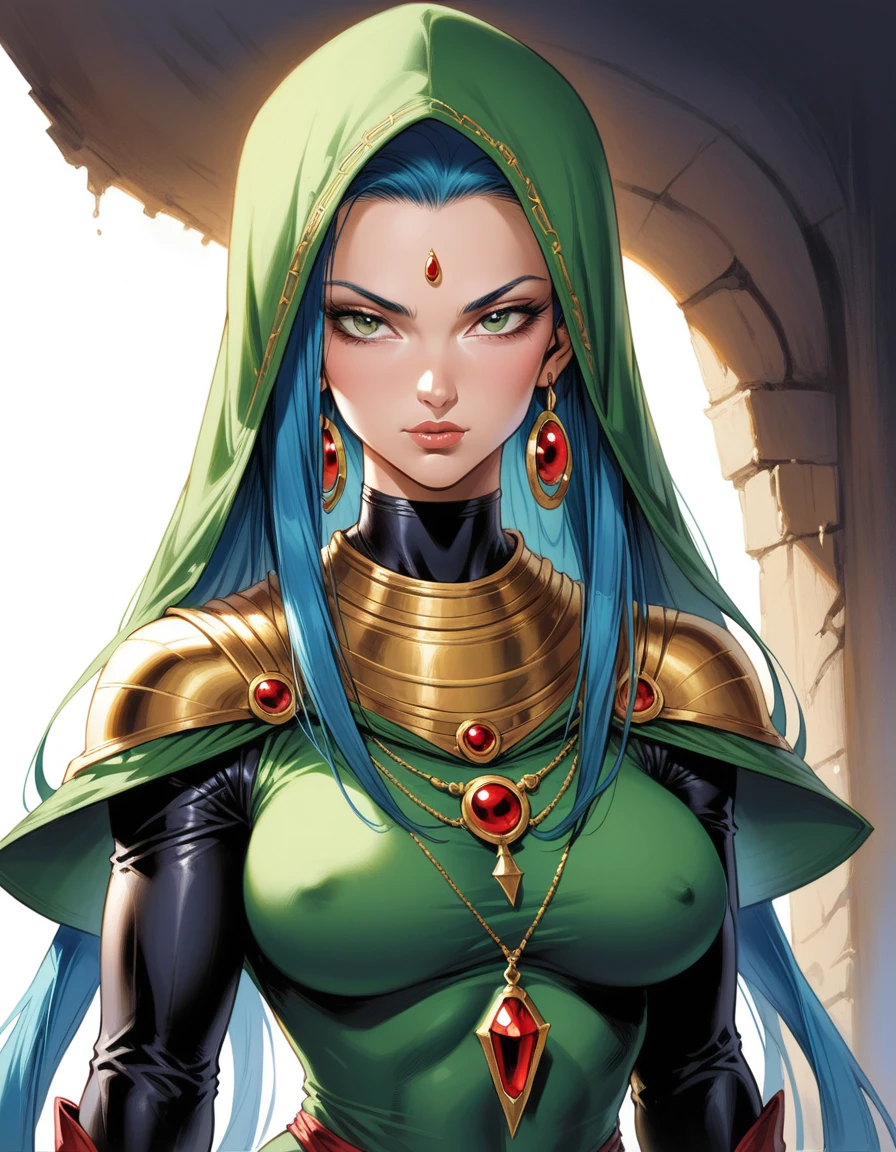 Photorealistic digital painting, modern girl android 18 DBZ eye blue + Jinx lol Devil fênix negra with the image of a marron serpente in a pleasing mix, taking inspiration from detailed forms of, dressed in an illustrious gold Green black dark jaketa Hood red enhanced by the artistic styling of artists like Jose Royo, Boris Vallejo, Julie Bell, Carne Griffiths, Benedick Bana, Brian Froud, Eric Wallis, combines the mystique of fantasy