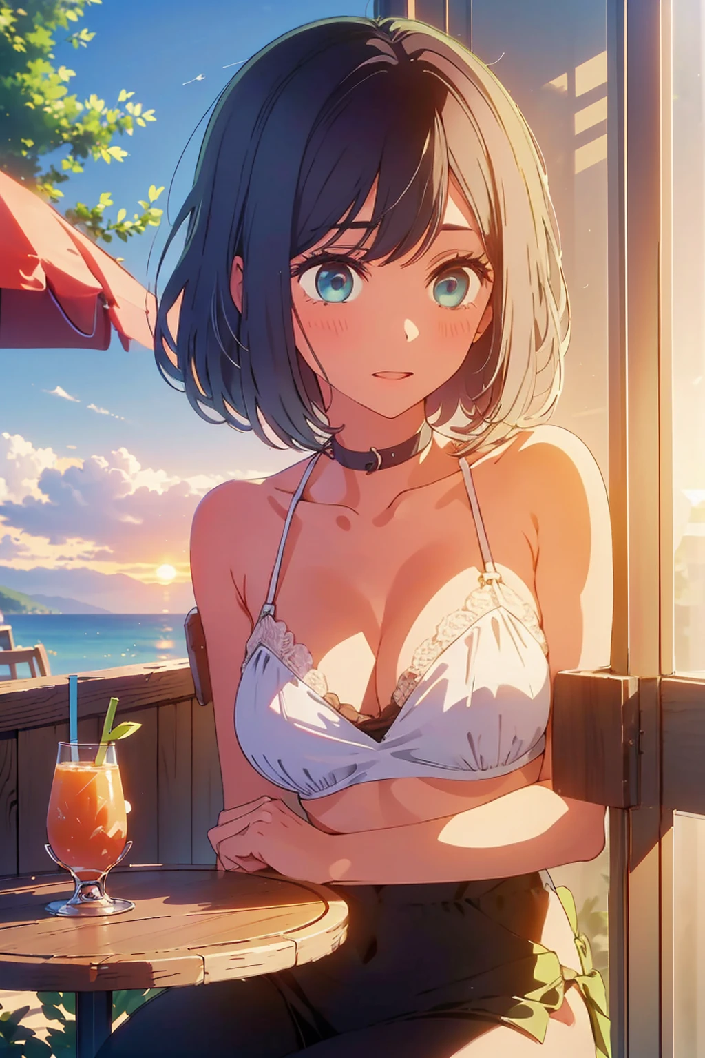 (Highest quality:1.4、masterpiece:1.4、Super detailed:1.4、8K:1.4)、Slim body、((((1 person、Surprised expression、sit、Outdoor café terrace、coastal、juice、table、Sandy Beach、bikini、juiceのグラスを持つ、Big eyes、Shallow depth of field、Very cute face))))、((sunset、Sunset))、bikiniサイズは小さい、F cup bust、Big Breasts、Get up close and take a photo